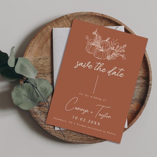 Trouwkaart met terracotta pompoen Save the Date