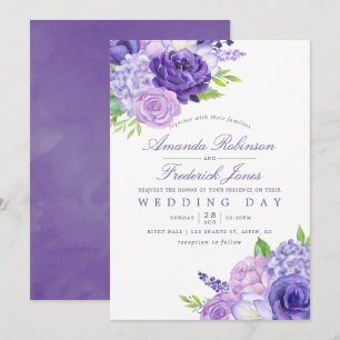 Trouwkaart met ultraviolette waterverf bloemen kaart