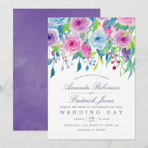 Trouwkaart met ultraviolette waterverf bloemen kaart