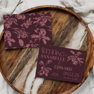 Trouwkaart met vintage botanische pruim-bourgondis kaart