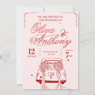 Trouwkaart met vintage retro auto kaart