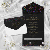 Trouwkaart met zwart en goud monogram en regenboog all in one uitnodiging
