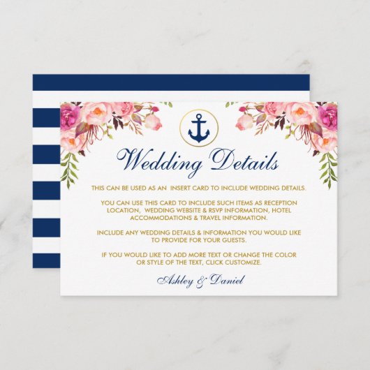 Trouwkaart Nautilus Bloemendetails Blauwe Insteekk Informatiekaartje (Voorkant / Achterkant)