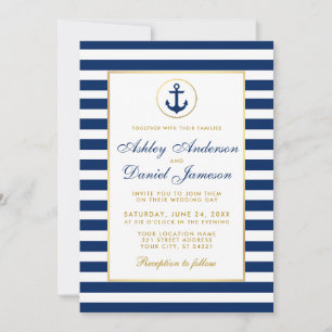 Trouwkaart Nautisch Blauw Strepen Goud W Kaart
