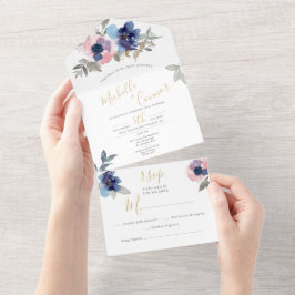 Trouwkaart Navy & Blush Bloemige All-in-One Uitnod All In One Uitnodiging
