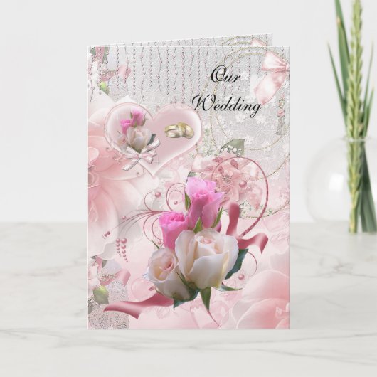 Trouwkaart Roze Bloemen Ringen (Voorkant)