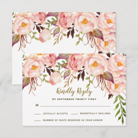 Trouwkaart RSVP Roze Pioen Vintage Goud (Voorkant / Achterkant)
