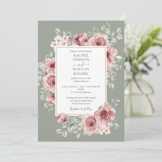 Trouwkaart Sage Groene Bloemige QR Code Kaart (Staand voorkant)