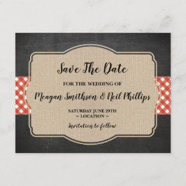 Trouwkaart Save The Date Rood Gingham Burlap BBQ