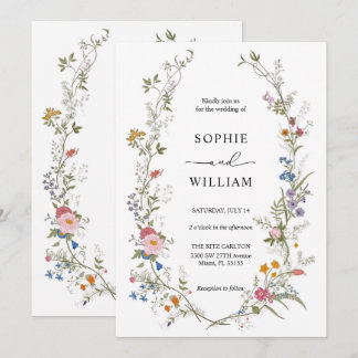 Trouwkaart sjabloon met wilde bloemen, afdrukbaar  kaart