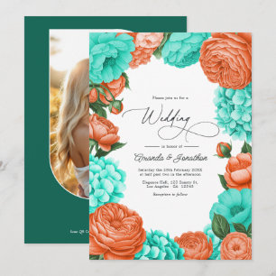 Trouwkaart Turquoise & Koraal Bloemen Kaart
