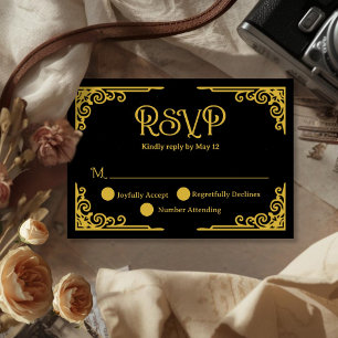 Trouwkaart Vintage Goud Zwart RSVP Kaartje