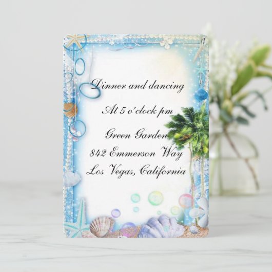 Trouwkaart voor receptie met tropisch strand en sc kaart (Staand voorkant)