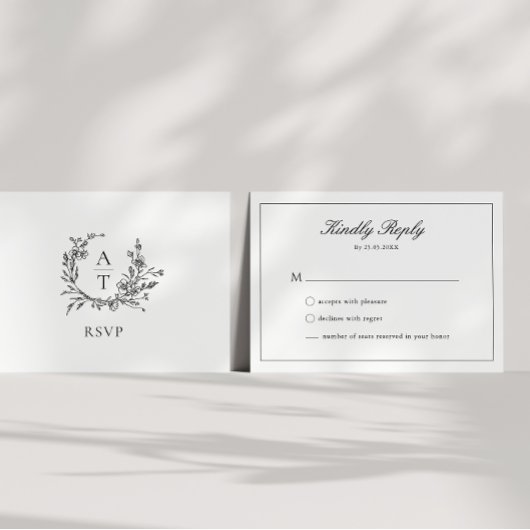 Trouwkaart Zwart & Wit Wapen Monogram RSVP Kaart