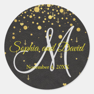 Trouwkaarten Gouden Confetti Monogram Ronde Sticker