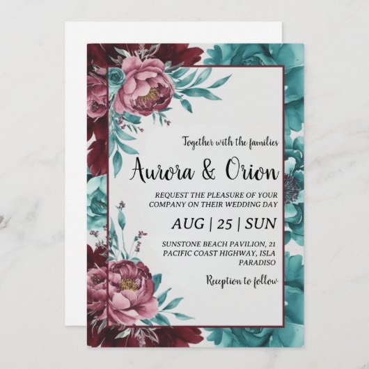 Trouwkaarten in turkoois en bordeauxrood kaart (Voorkant / Achterkant)