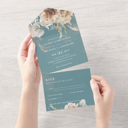 Trouwkaarten met RSVP | BOHO Pampas Gras All In One Uitnodiging (Afscheurbaar)