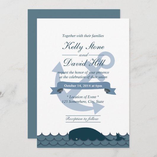 Trouwkaarten met zeeanker en blauwe walvis kaart (Voorkant / Achterkant)