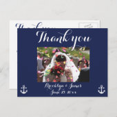 Trouwkaartjes met dankbetuiging in marineblauw mar briefkaart (Voorkant / Achterkant)