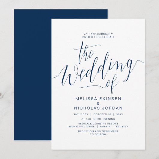 Trouwkalligrafie, eenvoudige marineblauw Casual Kaart (Voorkant / Achterkant)