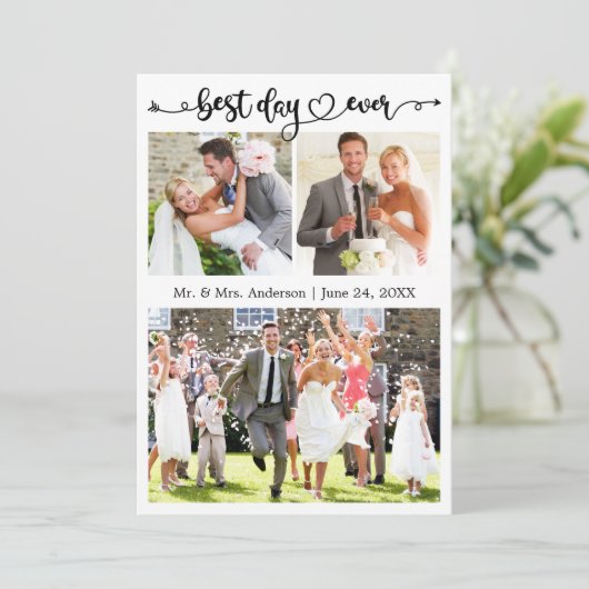 Trouwkalligrafie Hart Beste Dag Ooit 3 Foto Bedankkaart (Staand voorkant)