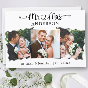 Trouwkalligrafie Hart Mr. en Mrs. 3 Foto's Bedankkaart