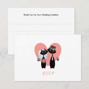 Trouwkatten Elegante Zwarte Witte Koraal Cute RSVP Kaartje