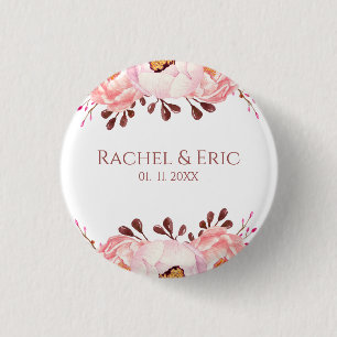 Trouwknoop met bloemmotief en namen in roze ronde button 3,2 cm