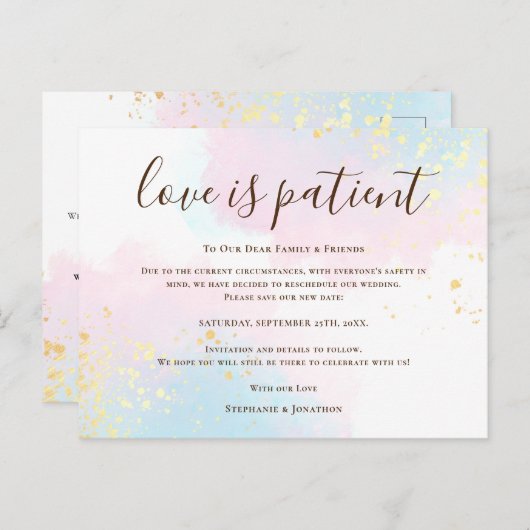 Trouwliefde is geduldig Bewaar nieuwe datum Turquo Aankondigingskaart (Voorkant / Achterkant)