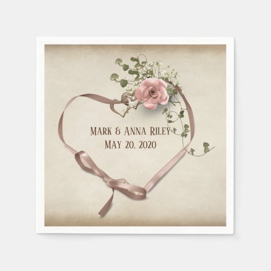 trouwlinthart met ringen en roos servet (Voorkant)