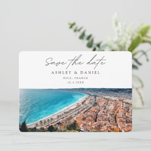 Trouwlocatie Nice Frankrijk Save the Date Kaart (Staand voorkant)