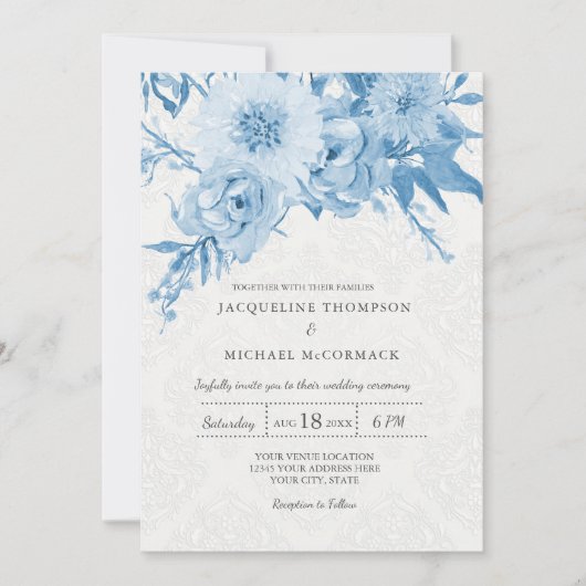 Trouwmarine Blauw Wit Chintz Kant Damask Floral Kaart (Voorkant)