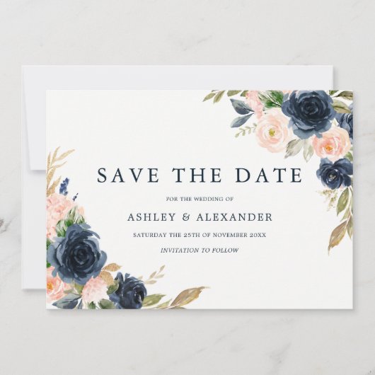 Trouwmarine Blush Elegante Moderne Bloemige Bruilo Save The Date (Voorkant)