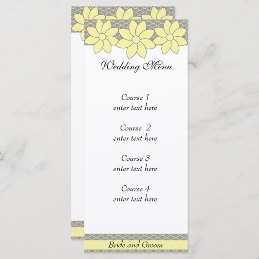 Trouwmenu 1 Gele en Grijze Bloemen Menu (Voorkant / Achterkant)