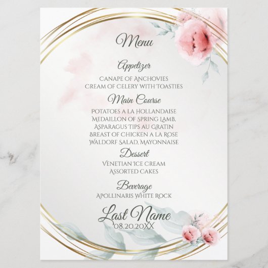 Trouwmenu | Elegante roze blush pioen Menu (Voorkant)