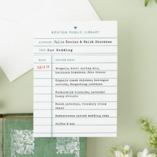 Trouwmenu in de vorm van een antieke bibliotheekbo save the date