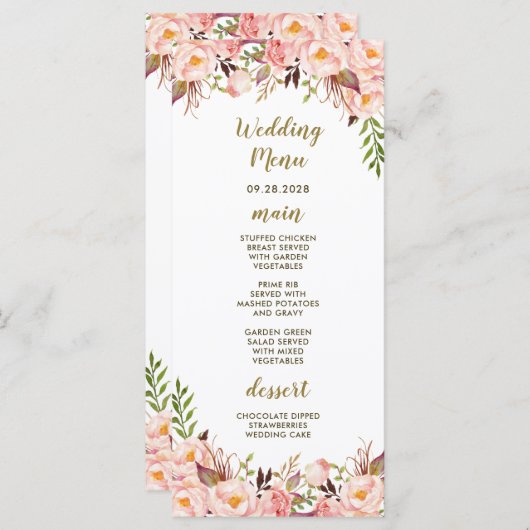 Trouwmenu kaarten Pioenroze Roze en Goud (Voorkant / Achterkant)