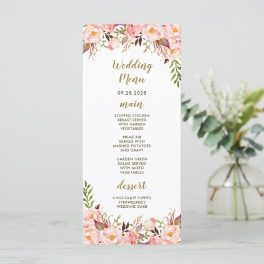 Trouwmenu kaarten Pioenroze Roze en Goud (Staand voorkant)