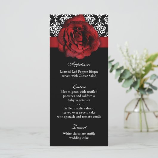 Trouwmenu Kaarten Red Rose Damask (Staand voorkant)