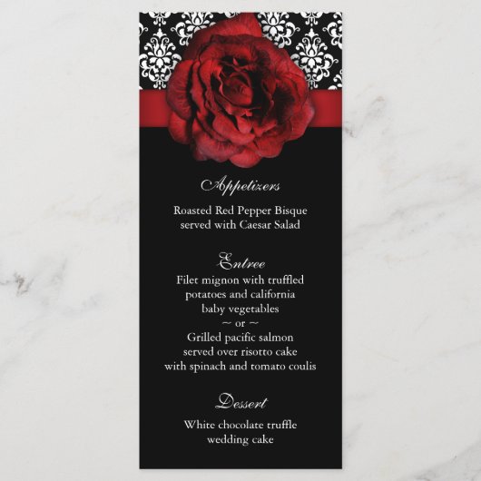 Trouwmenu Kaarten Red Rose Damask (Voorkant)