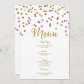Trouwmenu met gouden paarse confetti menu (Voorkant / Achterkant)