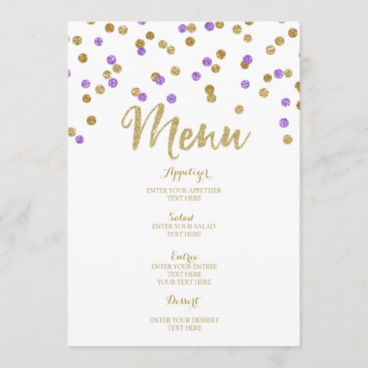 Trouwmenu met gouden paarse confetti menu (Voorkant)