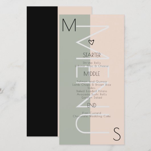 Trouwmenu met monogram Hart Salie Roze (Voorkant / Achterkant)