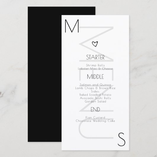 Trouwmenu met monogram Hart Zwart Wit (Voorkant / Achterkant)