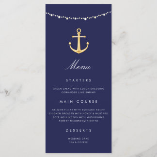 Trouwmenu met scheepsanker en marineblauw goud menu