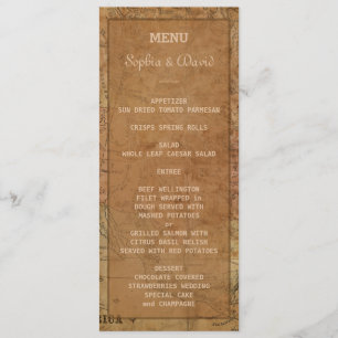 Trouwmenu met vintage kaart als thema voor een bru