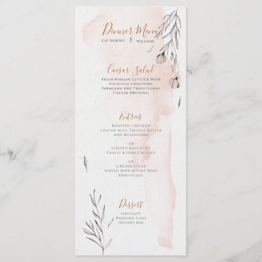 Trouwmenu met waterverf in blozende perzik en grij menu (Voorkant)