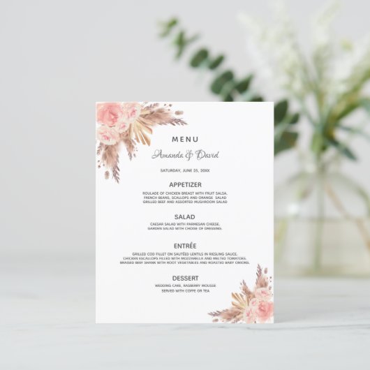 Trouwmenu pampagras roze goud bloemen (Staand voorkant)