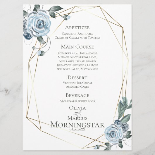 Trouwmenu | Waterverf Stofblauwe Bloemen Menu (Voorkant)