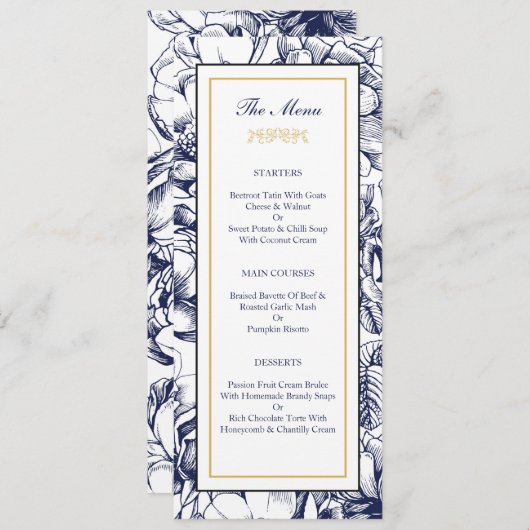 Trouwmenukaart met bloemmotief in Midnight Blue en Menu (Voorkant / Achterkant)
